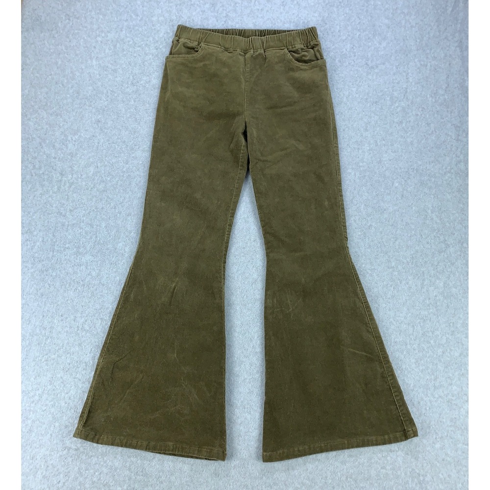 Umgee Pants Women Large Olive Green Bell Bottom Flare Boho Corduroy N6576